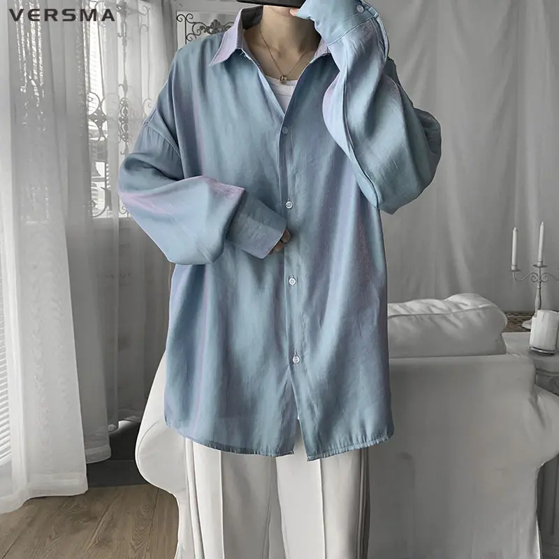 VERSMA Korean BF Mens Top Silk Shirt Men Women Blouse Spring Hip Hop Retro Long Sleeve Hawaiian Shirt Men Plus Size Dropshipping