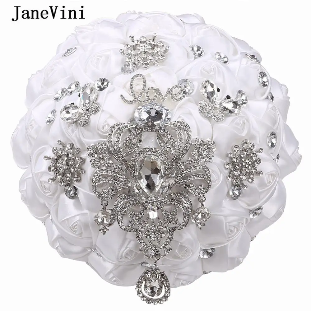 

JaneVini 2021 Luxury Rhinestone Jewelry White Bridal Brooch Bouquets Artificial Satin Roses Flowers Wedding Bouquet Accessories