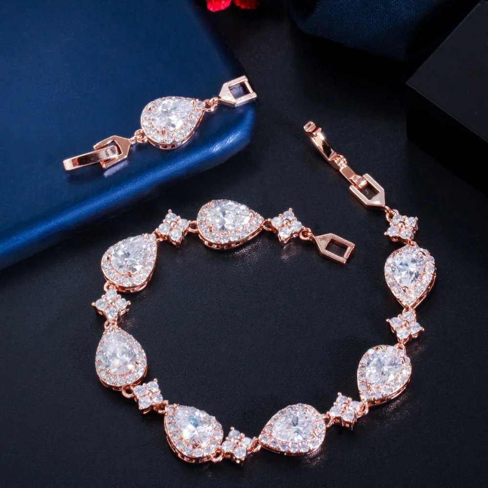CWWZircons Top Bling Große Wasser Tropfen Zirkonia Rose Gold Farbe Tennis Armband für Frauen Trendy Party Hochzeit Schmuck CB238 – Detail 5