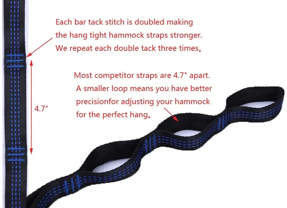 2 Pcs Outdoor Hammock Straps Special Reinforced Polyester Load-Bearing Barbed Black Camping 10 Ring Camping Swing rope Straps