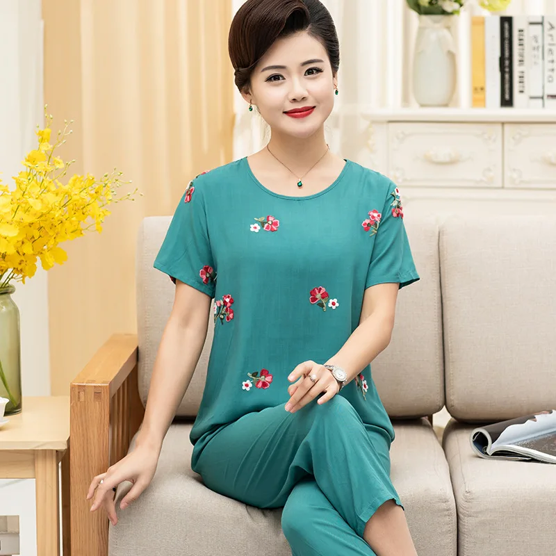 Fdfklak New Arrival Female Pajamas Set Sleepwear Women Cotton Print Flower Pyjamas Summer Loose Nightwear Home Large XL-4XL