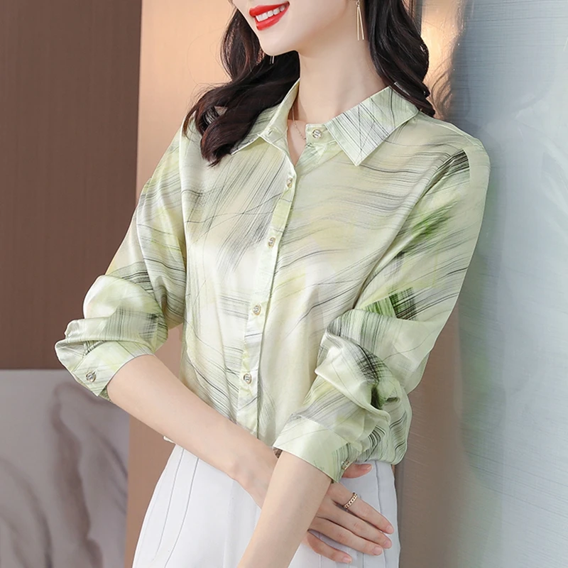 Striped Satin Silk Shirt Women Tops Spring Autumn Blouses Elegant Fashion Print Office Ladies Work Shirts Clothes 2022 New