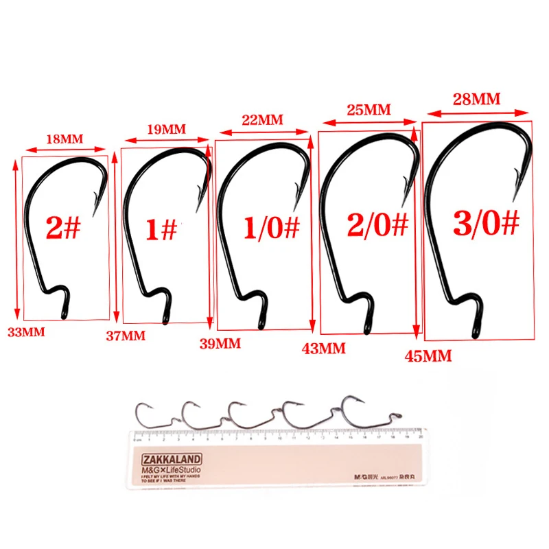 50pcs/set Fishing Hook Carbon Steel 3/0#-2# Bass Barbed Carp Fishing Hooks Wide Crank Offset Fishhook For Soft Worm Lure