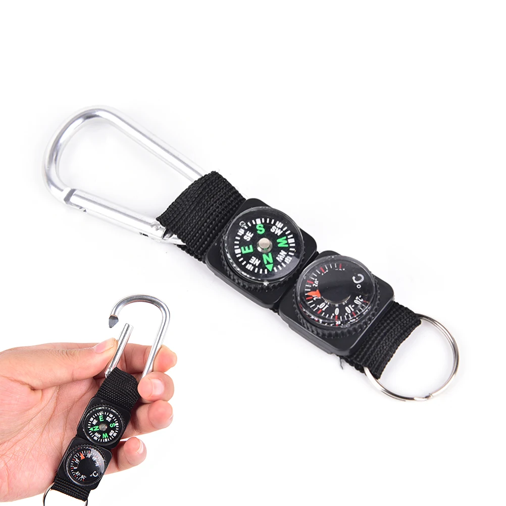 Multifunction 3 In 1 Camping Climbing Hiking Mini Carabiner W Keychain Compass Thermometer Hanger Key Ring Black