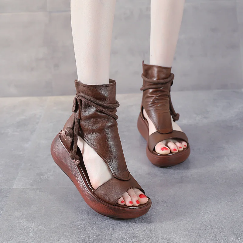 

Roman High-top Sandals Women's Leather Thick-soled Soft-soled Slope Heel Retro 2021 New Summer Top Layer Leather Sandals