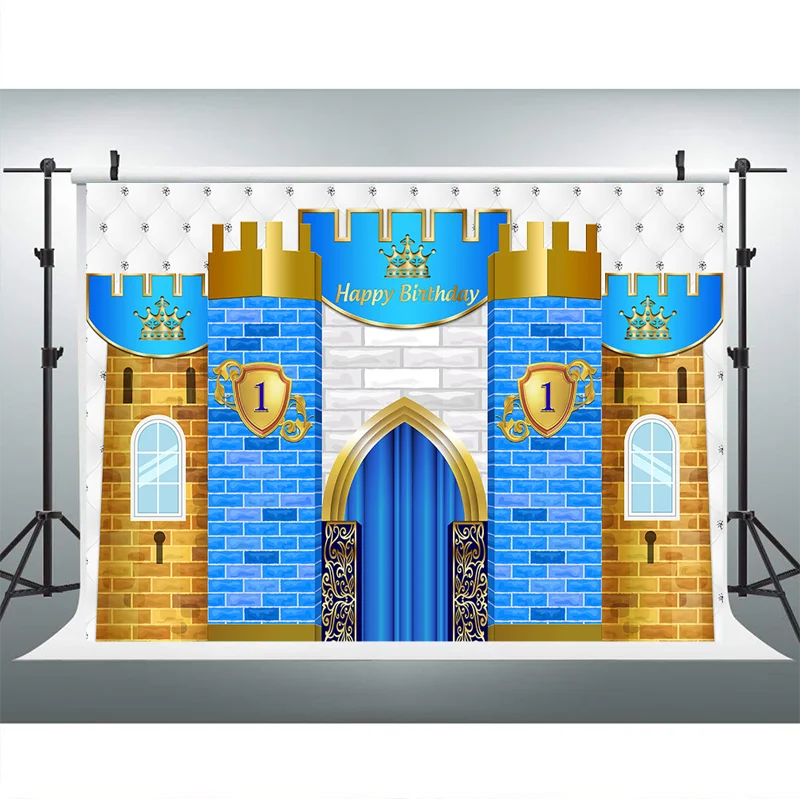 Happy 1st Birthday Backdrop Royal Blue Castle Decorations Photography Background Little Prince First Birthday Banner Backdrops