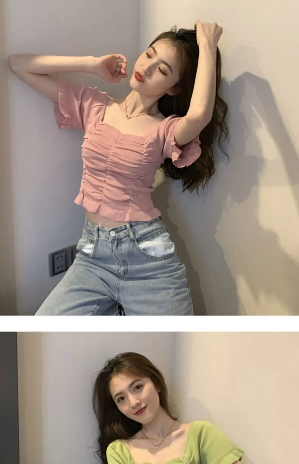 Gestrickte Modische Bluse Damen Rüschen Jugendlich Elegant Sommer Crop Top Sexy Figurbetonte Bluse Kurzarm – Detail 8