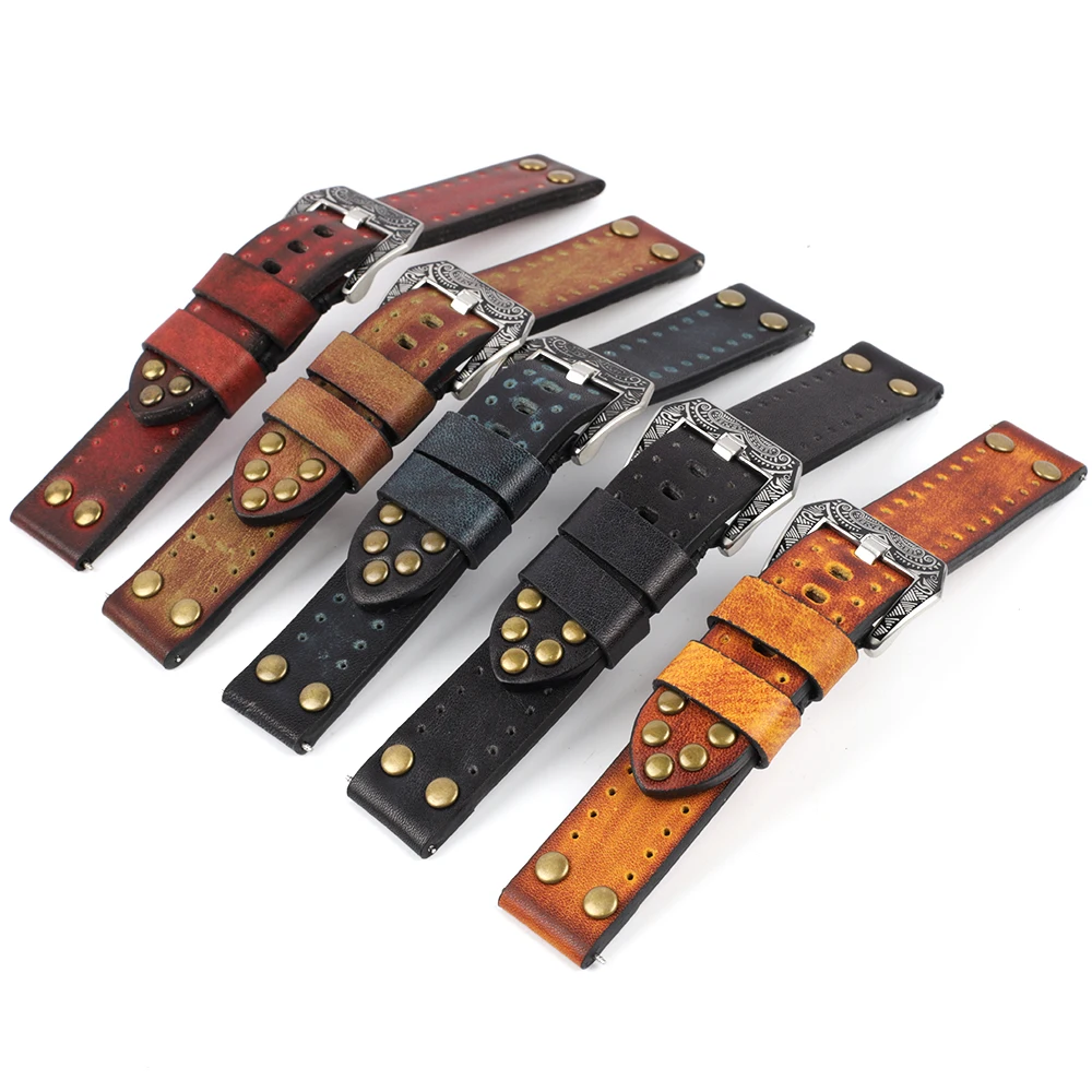 Retro Leather Watch Strap 18mm 20mm 22mm 24mm Watch Strap Vintage Rivet Thick Watchband Panerai Brushed Carved Clasp Accessories