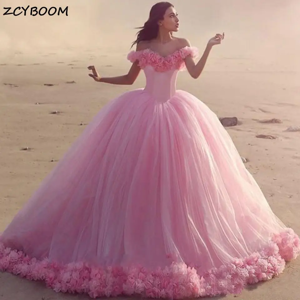 

Pink Off Shoulder Quinceanera Dresses 2023 Ball Gown Tulle With Flowers Formal Party Dress Sweet 18 Vestidos Elegant Prom Dress