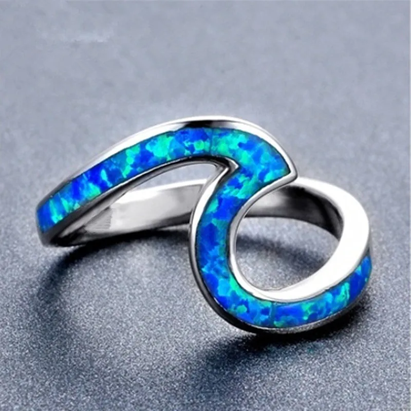 2024 Fashion Blue/White Imitation Opal Rings for Women Wedding Party Girl Best Gift Cute Wave Women Rings