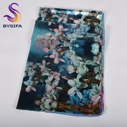 [BYSIFA] Women Ink Blue Satin Long Silk Scarf Shawl Femmes Foulard New Scarf Cape Ladies Double Faces Scarves Printed 160*70cm