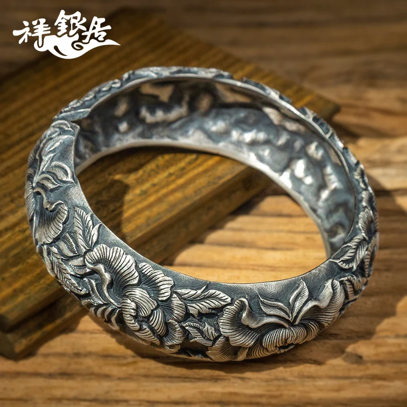 ★silver bracelet for women width peony national wind solid silver bracelet wrist of flake silver ACTS the role of