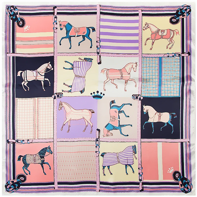 Europe 2022 Spring Lattice horse 90*90cm Lmitation Silk Large Square Scarf  Women\'s Accessories Head Scarf Beach Shawl Scarf