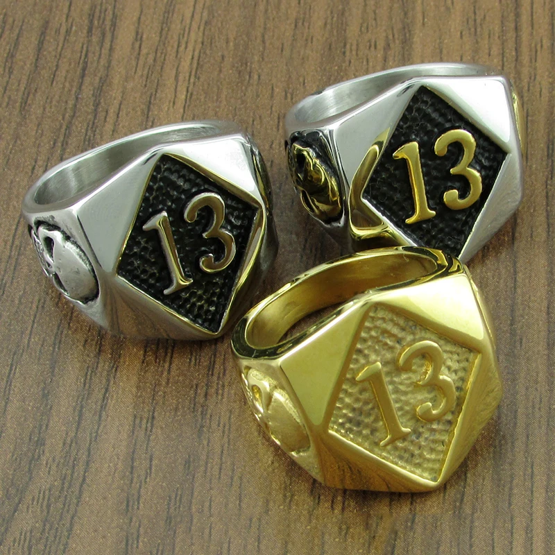 Free Shipping Punk Silver Color Black 316L Stainless Steel Thirteen Skull Ring Rock Number 13 Men\'s Skeleton Rings