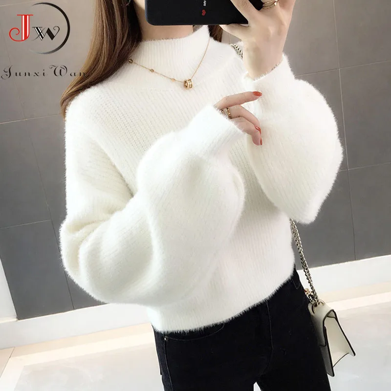 Thick Mohair Women Sweaters Turtleneck Soft Lantern Sleeve Short Pullovers Fashion Autumn Winter Sweater Solid Women Jumpers