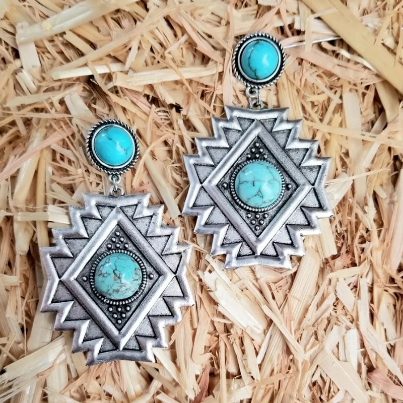 2021 New Retro Ethnic Geometric Rhombus Diamond-shaped Turquoise Earrings for Women Girl