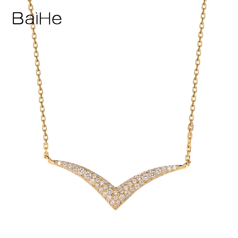 

BAIHE Solid 18K White/Yellow/Rose Gold H/SI Natural Diamond V Shaped Necklace Women Clavicle Chain Trendy Fine Jewelry Making