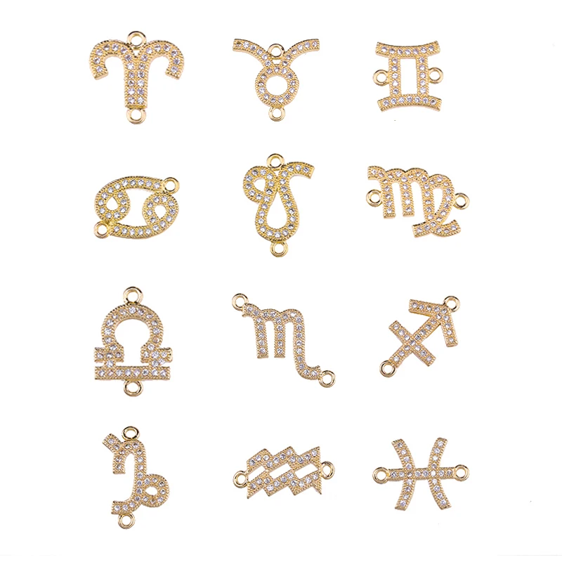 Juya 18K Gold Plated Micro Pave Zircon Copper Constellation Sign 12 Zodiac Charms Connectors For DIY Women Gift Jewelry Making