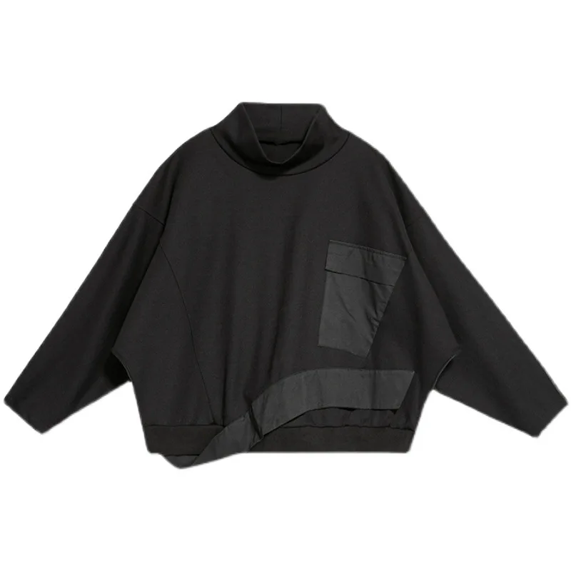 Women's Long Sleeve Spring And Autumn New Personality Stitching Half High Neck T-Shirt Dark Loose Hip Hop Long Sleeve T-Shirt