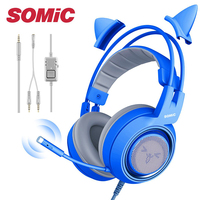 SOMIC G952S Blue Wired Headphones Gaming Headset With Mic Stereo for PS4 XBOX PC Phone Detachable Cat Ear Headphone G936N