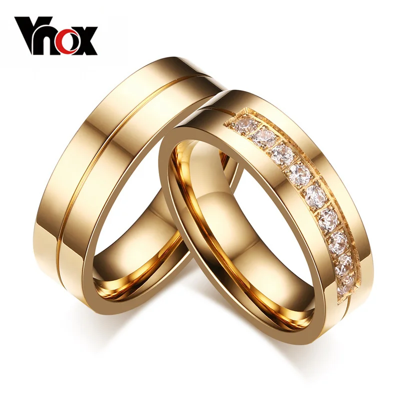 Vnox Modne obrączki ślubne dla kobiet / mężczyzn Miłosny prezent Biżuteria ze stali nierdzewnej CZ Promise Couple w kolorze złotym