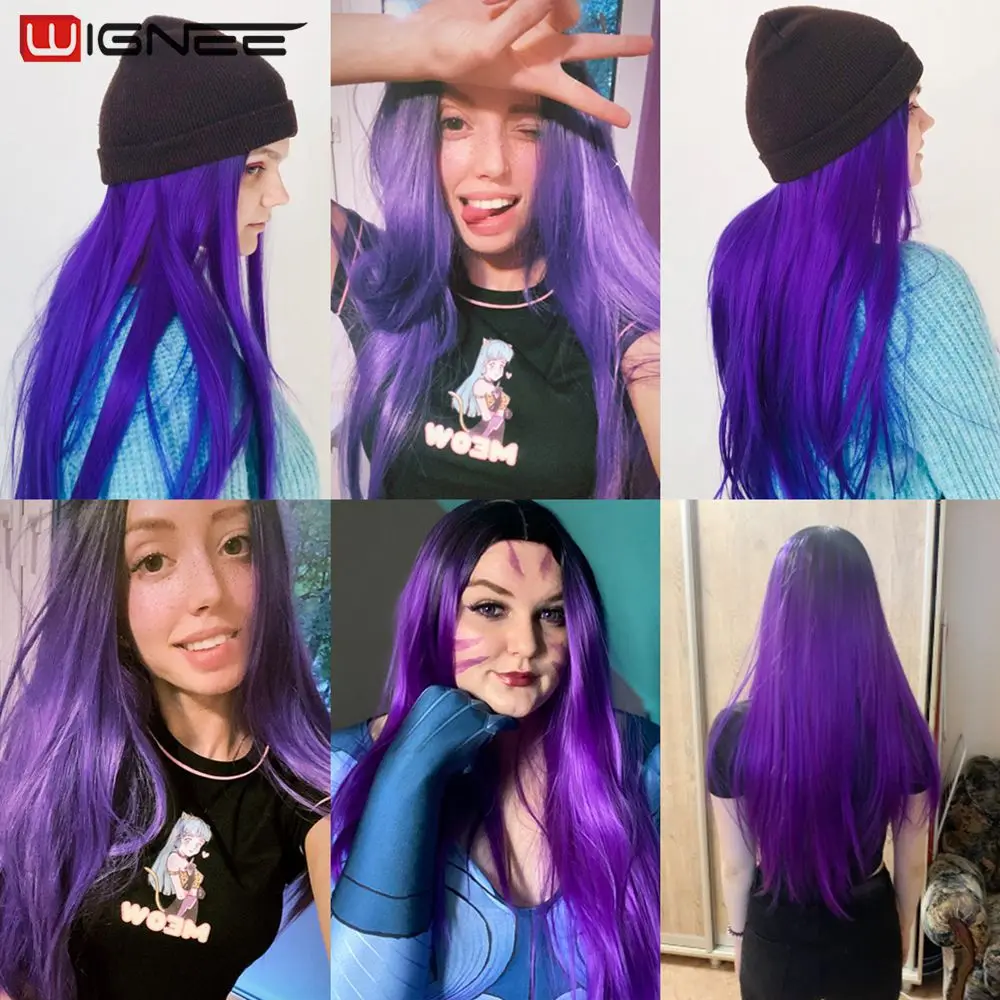 Wignee Long Synthetic Wig Straight Hair Middle Part For Women Ombre Purple Natural Hair Glueless Daily/Cosplay Female Hair Wigs