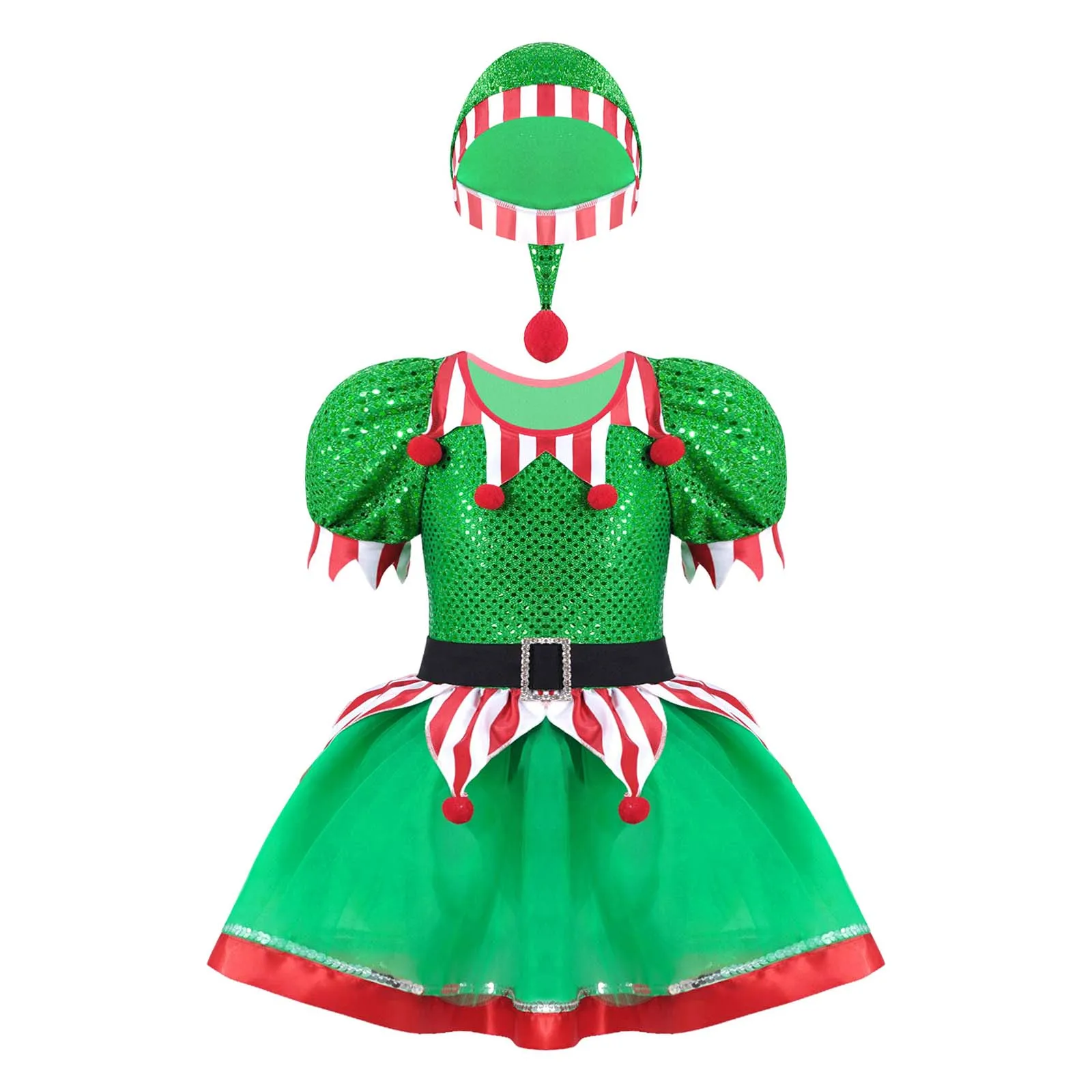 Kids Girls Christmas Elf Costume Xmas Sequins Pompoms Adorned Fancy Party Mesh Tutu Dress With Hat New Year Carnival Dress Up