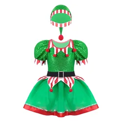 Kids Girls Christmas Elf Costume Xmas Sequins Pompoms Adorned Fancy Party Mesh Tutu Dress With Hat New Year Carnival Dress Up