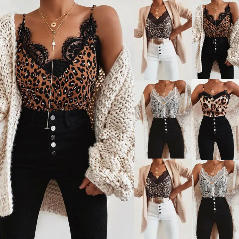 Women Lace Leopard Print Vest Ladies Sleeveless Vest Tank Tops Ladies Loose V-Neck Camisole T-Shirt Ladies Tops Clothing