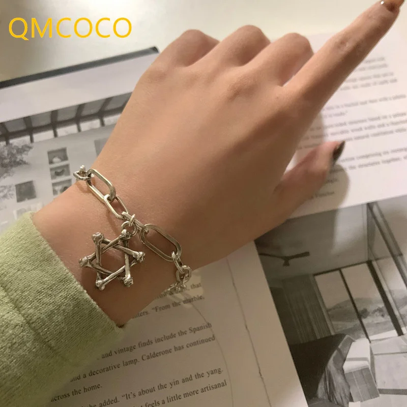 QMCOCO Minimalist Silver Color Punk Hip-Hop Chain Brcacelet Woman Fashion Creative Hollow Out Geometric Party Jewelry Gift