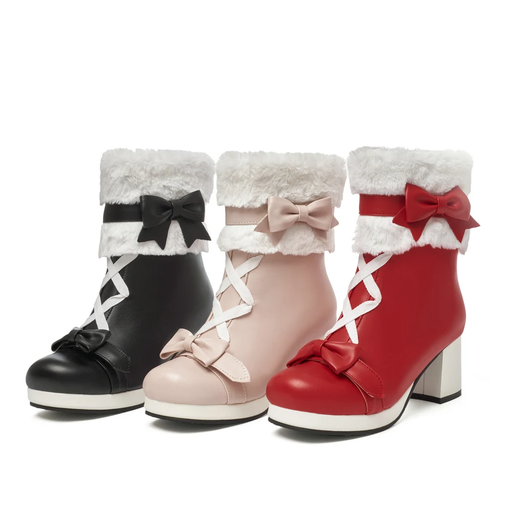 Winter High-heeled Lolita Ankle Boots Faux Fur Waterproof Platform Thick Bottom Cute Bow Red Pink Black Women Shoes Size 34-43