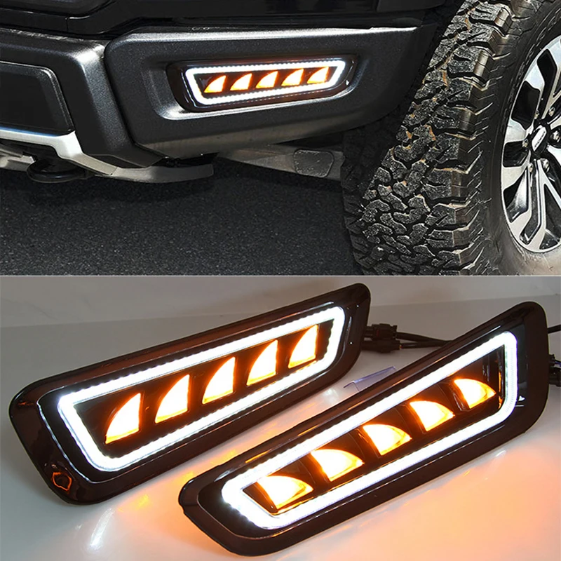 

LED White Daytime Running Light Amber Sequential Turn Signal Front Fog Lamps 2pcs Compatible For Ford-F150 Raptor 2017 2018 2019