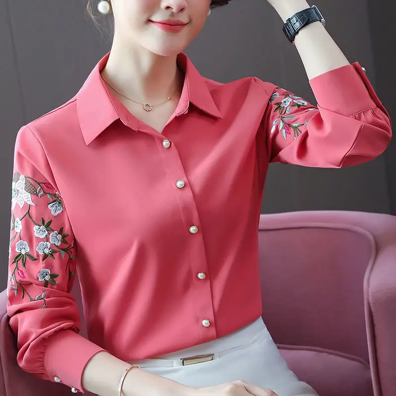 

Women Spring Autumn Shirts Tops Temperament Embroidery Polo-Neck Long Sleeve Loose Blouses Laides Bluses MM1206