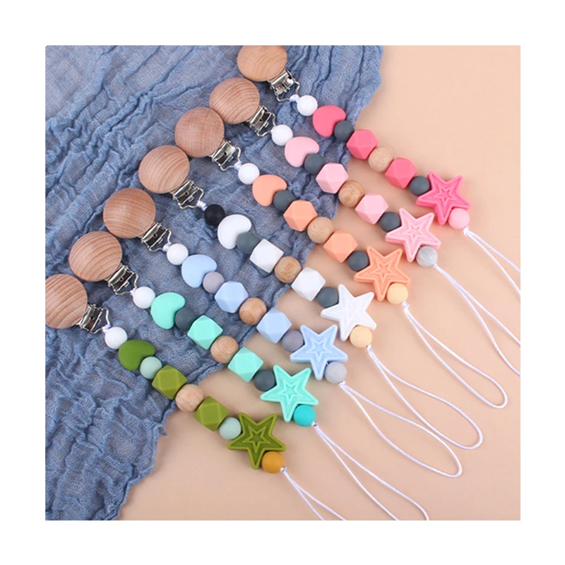 Baby Pacifier Clips Silicone Beads Wooden Teething Chain Infant Nipple Clamp Dummy Holder Nipple Clip Newborns Chew Accessories