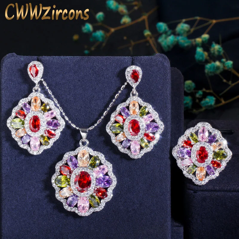 CWWZircons 3pcs Vintage Ethnic Cubic Zirconia Jewelry Sets Multi Colored Big CZ Ring Necklace and Earring for Ladies Party T261