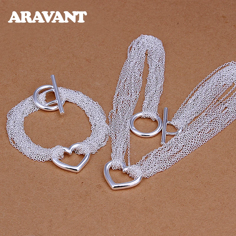 Wedding Jewelry Sets 925 Silver Heart Mulit Layer Necklace Chain Bracelet For Women Fashion Jewelry Valentine's Gifts