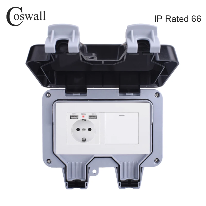 Coswall IP66 Waterproof Outdoor EU Standard Wall Socket With 2 USB Charging Port + 1 Gang 1 Way On / Off Light Switch