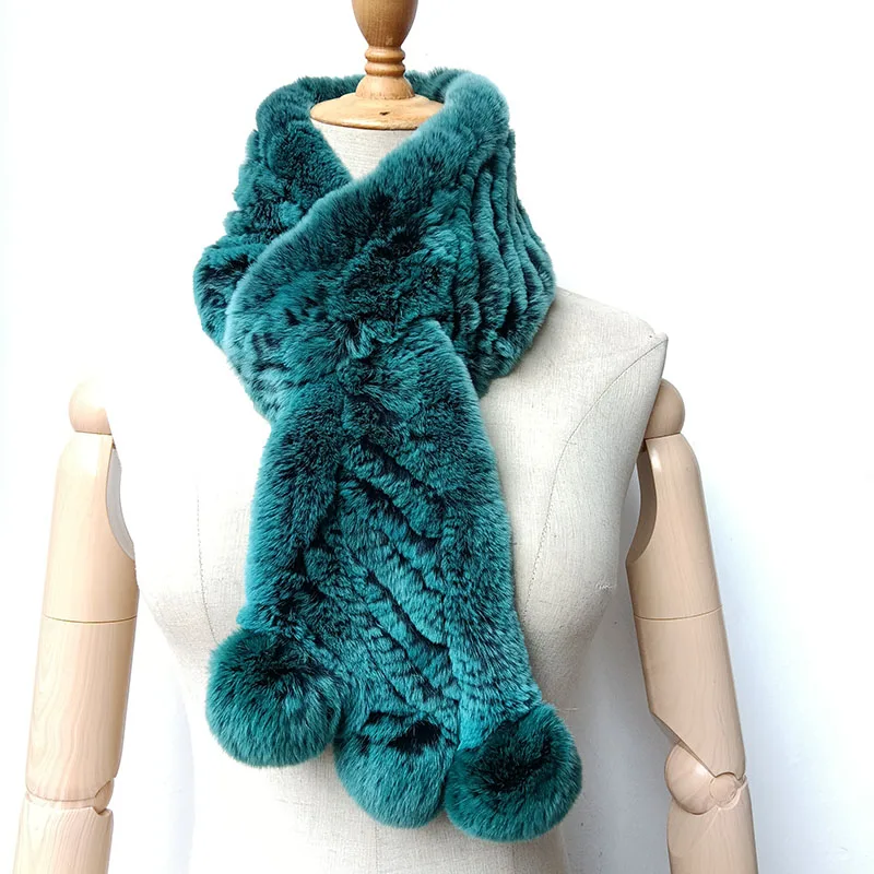 Women Winter Fashion Real Rex Rabbit Fur Scarf Soft Female Natural Fur Scarves Blue Warm Neck Warmer  Femme