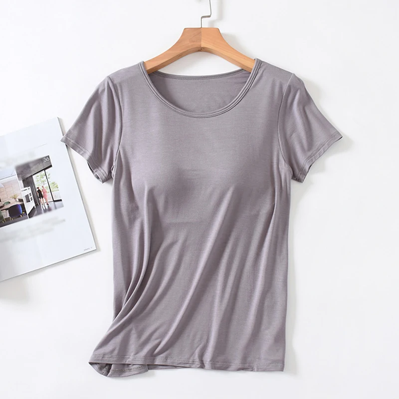 Women's Tops Chest Pad One-Piece Bra Cup With Bra Slim T Shirt Female Summer T-shirt Bottoming Shirts YIUN1