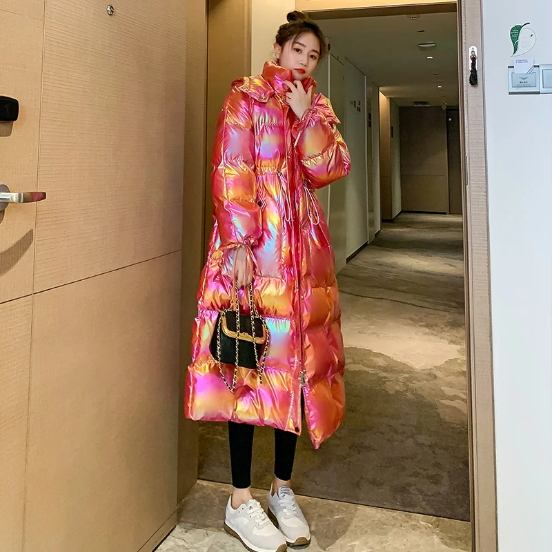 

Women Long Cotton-padded Jacket Long Colorful Glossy Cotton Coats Thickened Nice Pop Winter Hooded Down Cotton-padded Jacket