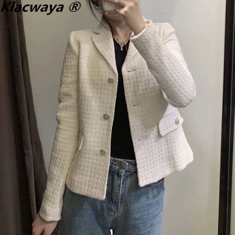 Klacwaya Women's Jacket Textured Tweed Suit Blazer Vintage Single Breasted White Cropped Jacket Autumn Female Checked Blazers