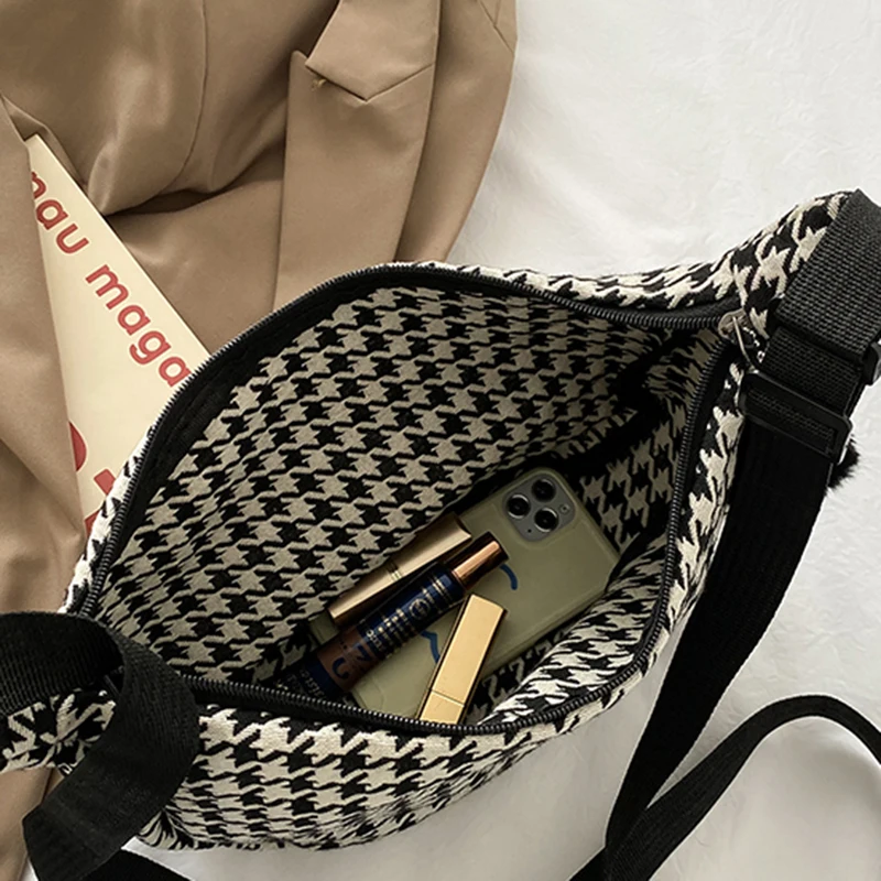 Classic Houndstooth Crossbody Bags Women Ins All Match Zipper Hobos Basic Stylish Shoulder Female Street Chic Simple Teenagers