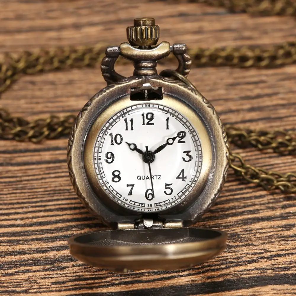 Simple Small Size Mini  Bronze Quartz Pocket Watch Floral Rattan Necklace Pendant Minimalist Sweater Chain Watches for Men Women