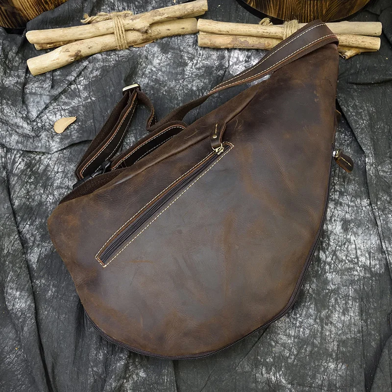 Vintage Genuine Leather Men Chest Bag Brown iPAD mini Shoulder bag Casual Cowhide Crossbody Bags Small Riding Travel Sling Pack