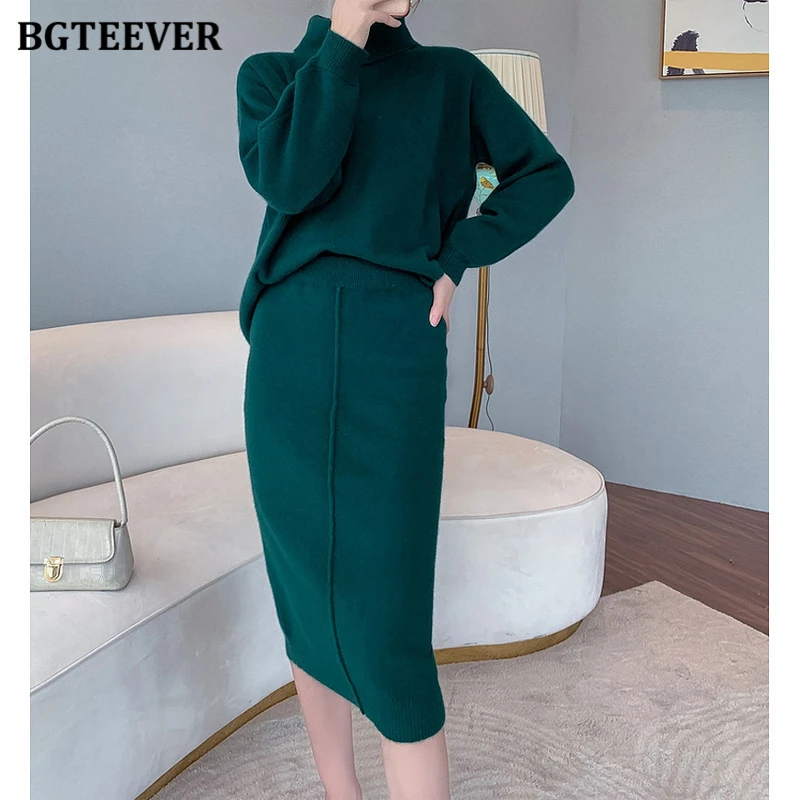 BGTEEVER Elegant Women Thicken Warm Loose 2 Pieces Knitted Set Turtleneck Long Sleeve Sweaters & Pencil Midi Skirts 2021 Autumn