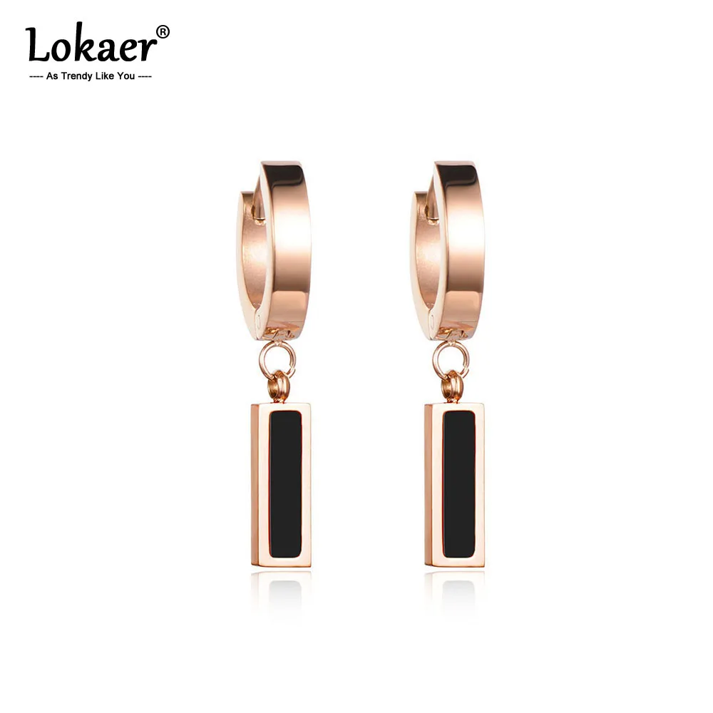 Lokaer Fashion White & Black Shell Hoop Earrings For Women Rose Gold Color Titanium Steel Female Earrings Jewelry E17044