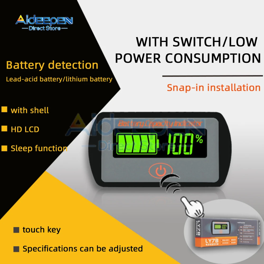 12V/24V/48V Adjustable LCD Car Lead-Acid Lithium Battery Voltmeter Voltage Tester Touch-Type Voltage Battery Capacity Indicator