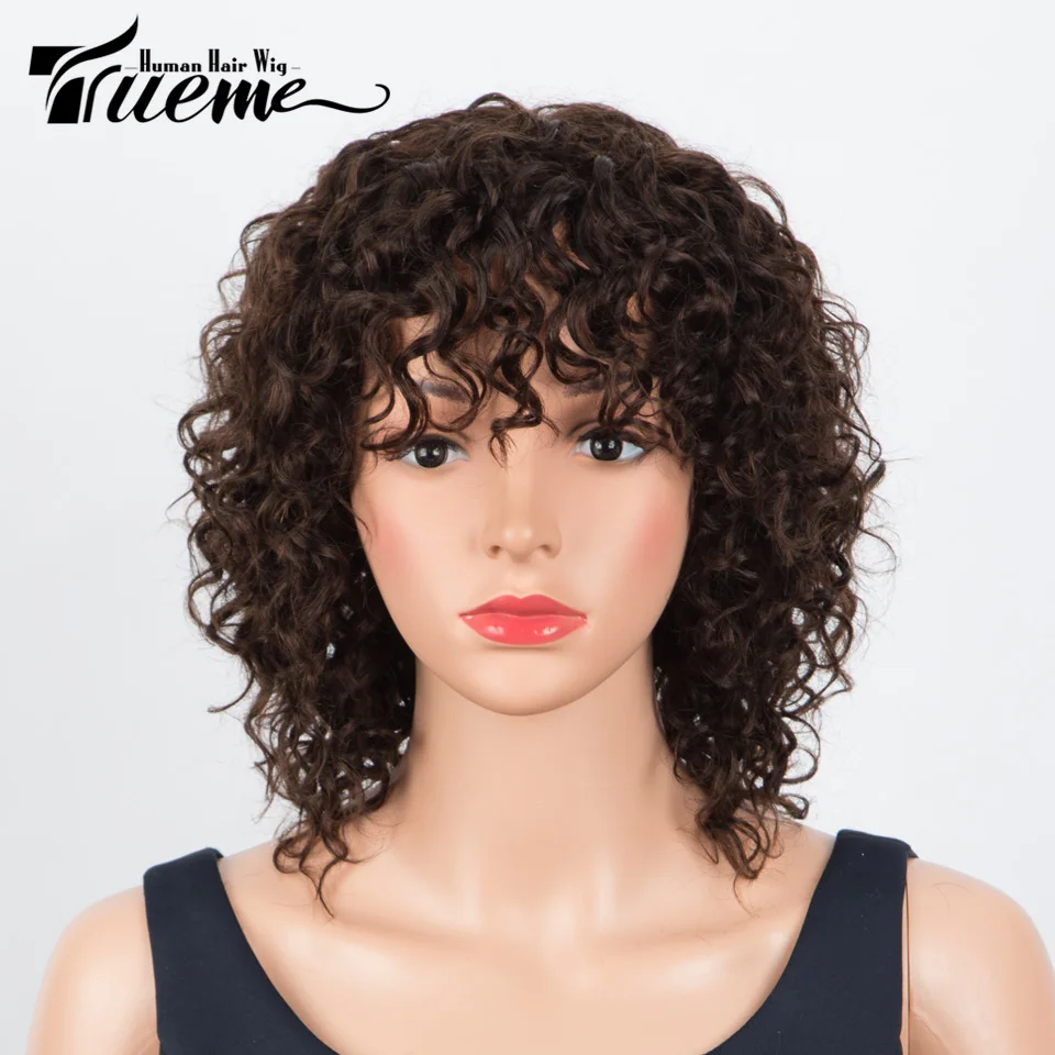 

Trueme Short Culry Bob Human Hair Wigs Cutest Curly Human Hair Wig With Bangs Brazilian Deep Wave Human Wigs For Women Full Wig