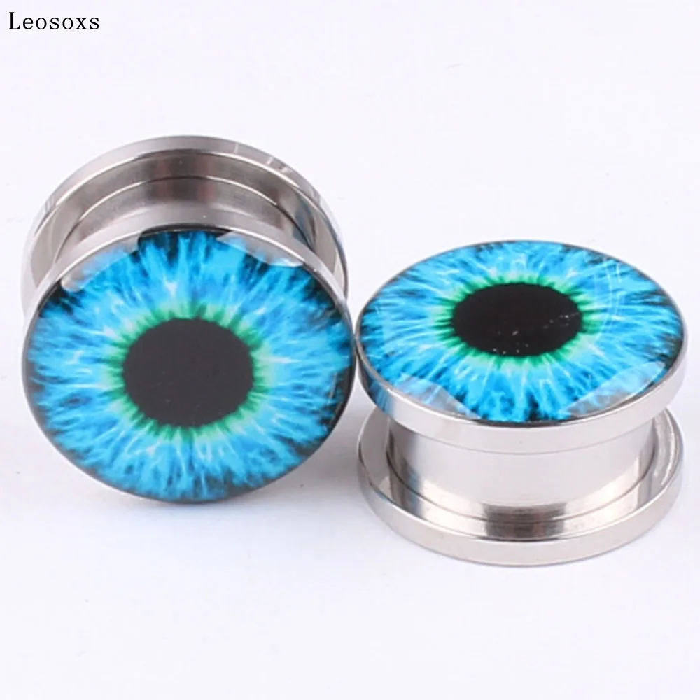 

Leosoxs 2pcs Explosive Blue Eyes Ear Expander Cylindrical Pulley Stainless Steel Ear Expander Human Body Piercing Jewelry