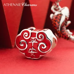 ATHENAIE Chinese Safe and Sound Charms 925 Sterling Silver Red Enamel New Year Bless Beads for Bracelet Birthday Gift